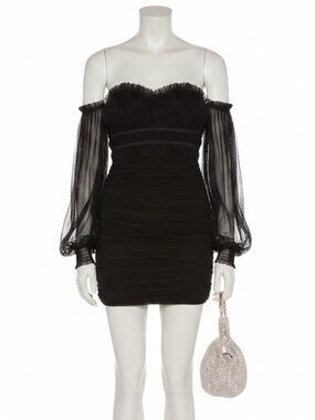 Majorelle Zata Pleated Mesh Black Mini Dress Womens XXS Off The Shoulder Zip